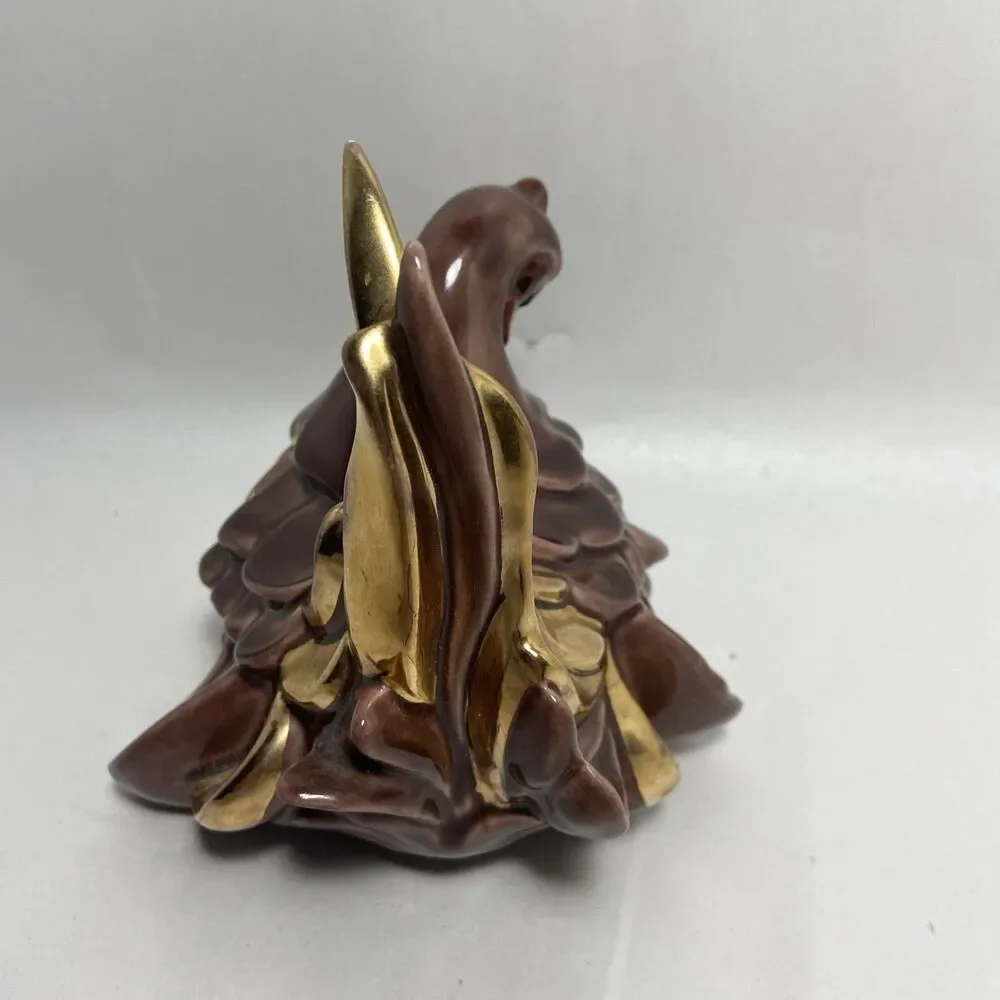 Ceramic Brown Hen with Gold Glazed Tail Figurine Vintage 5 inch No brand -Chips